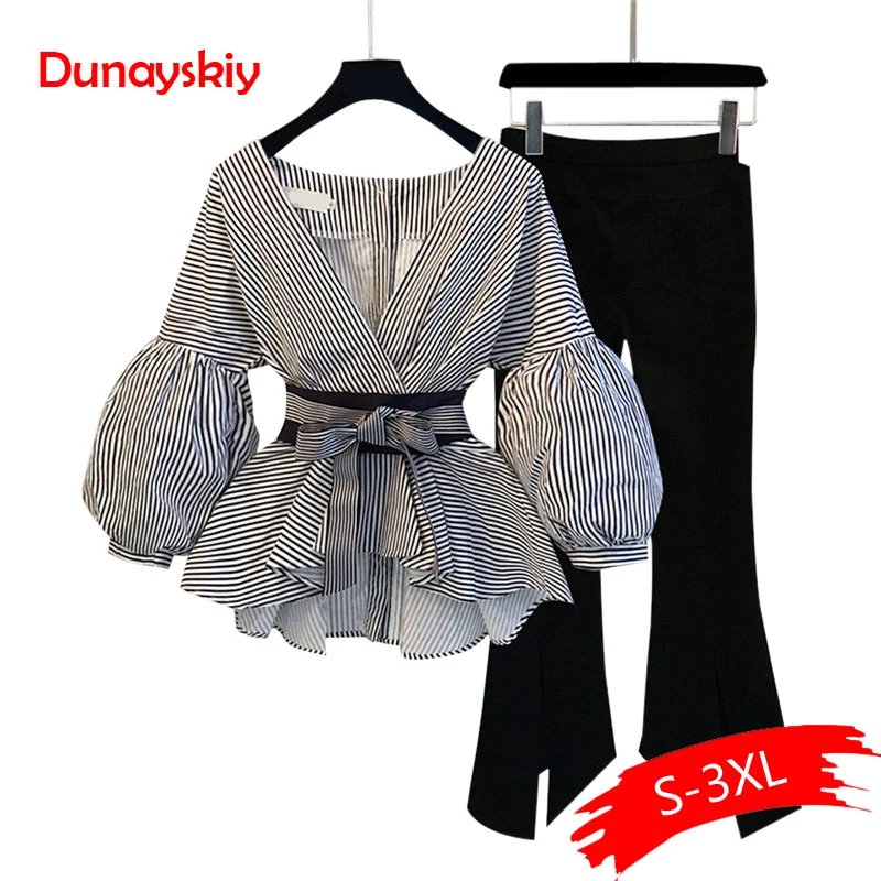 

Fashion Puff Sleeve Blusas + Flare Pants 2 PCs Women Suits 2019 New Striped Blouse & Wide Leg Pants Set with Sashes