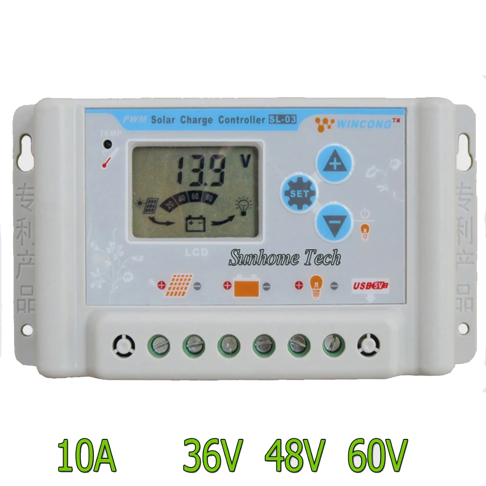 

SL03-4810A 10A 36V 48V 60V Wincong solar panel charge controller regulator with LCD USB 5V