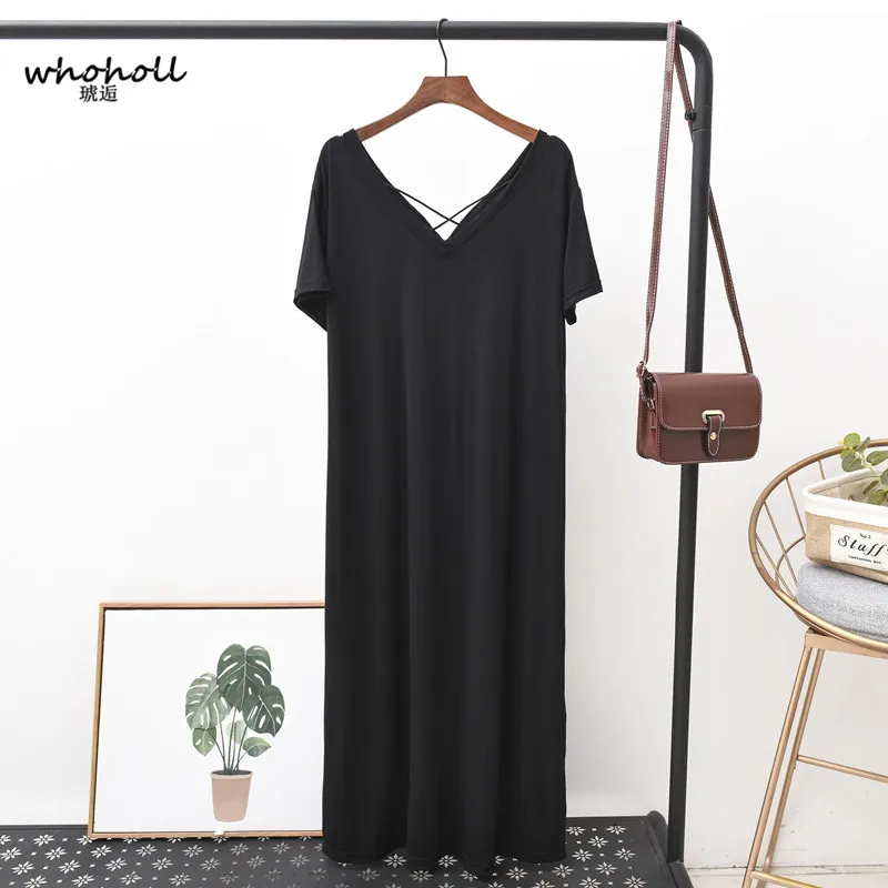 

Whoholl Women Dress Loose Striped Print V Neck 2019 Trend Cross Back Design Dresses Elegant Large Size Thin Summer Size L-XL