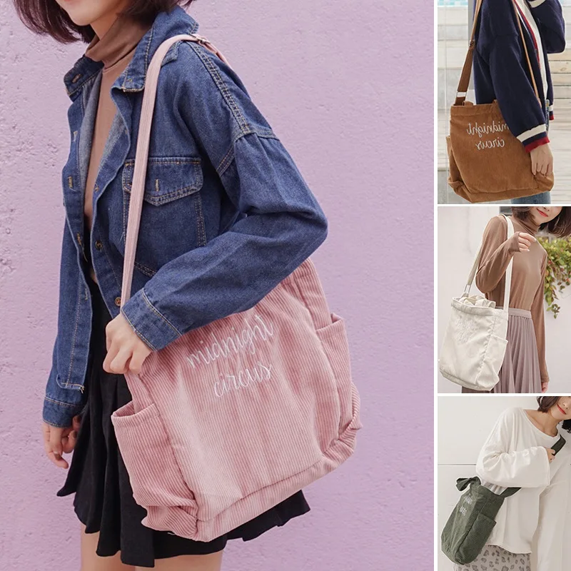 

Canvas female exquisite embroidery single-shoulder bag student corduroy simple cross-body hand bag casual zipper letter bags