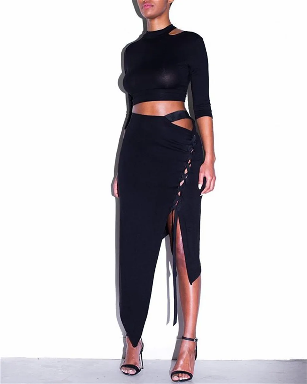 KGFIGU женские комплекты, модный короткий топ с длинным рукавом, мини-юбка, сексуальный клубный неоновый черный комбинезон, комплекты из двух предметов, вечерние наряды