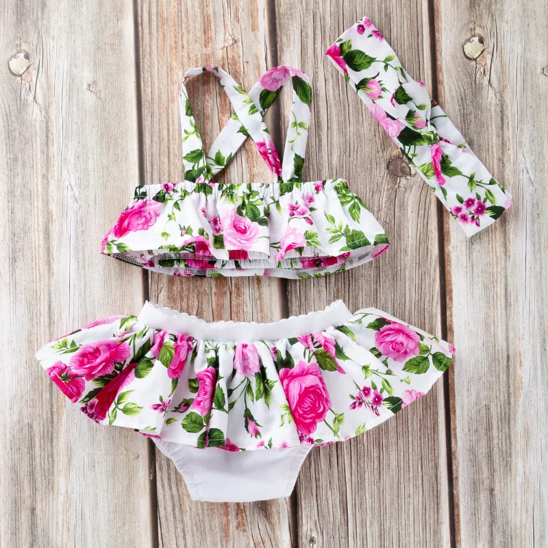 

3 Pcs Girls Flower Clothing Set Baby Summer Sling Vest Ruffles Shorts Bikini Suit Kids Princess Clothes Children Party Costumes
