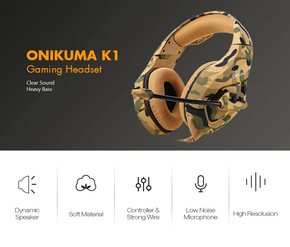 ONIKUMA K1 Stereo Gaming Headset 2.2m Cable Camouflage Appearance Bass Over-ear Headphones with Mic for Computer Game