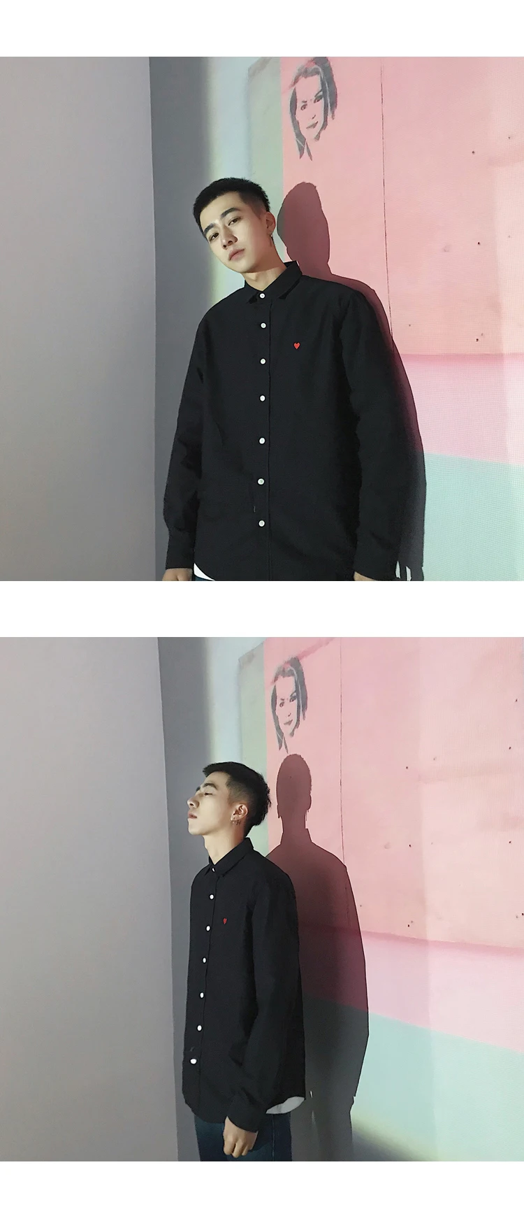 2018 осень Для мужчин; корейский стиль мода простой вышивка узор с лацканами свободные Повседневное черный/белый Цвет рубашка с длинными