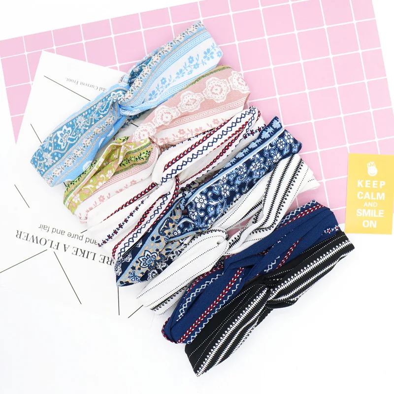 

Bohemian Style Elastic Headbands Boho Cross Floral Turban Girls Flower Hairbands Striped Headwrap Hair Accessories For Women