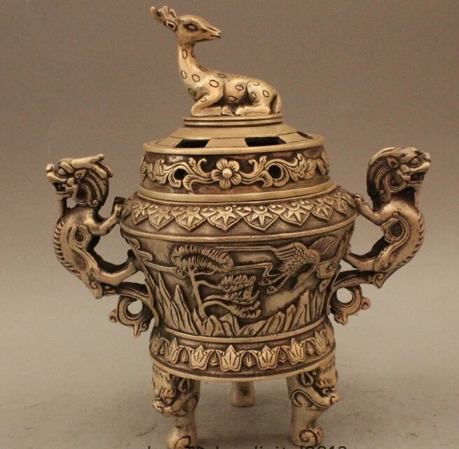 

9"Marked Chinese Dynasty Palace Silver Dragon Deer crane Incense Burner Censer