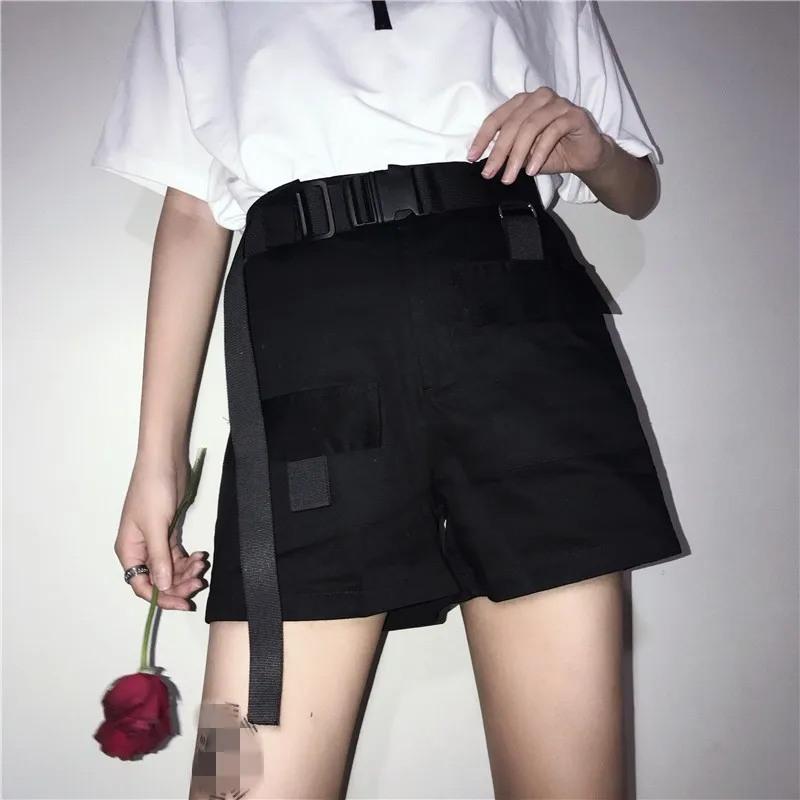 2019 Elastic high waist shorts for women black summer belt