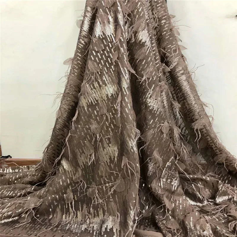 

Excellent quality Nigerian Tulle Lace Fabric with sequin and feathers Latest 3D beaded Mesh Lace Fabric for dress HX785-1