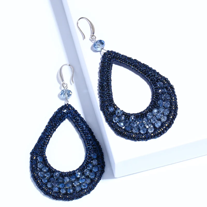 FLOLA Bohemia Crystal Beads Woven Earrings Woman Handmade Black Beads Big Earrings Ethnic Oorbellen Big Drop Earring ersm93
