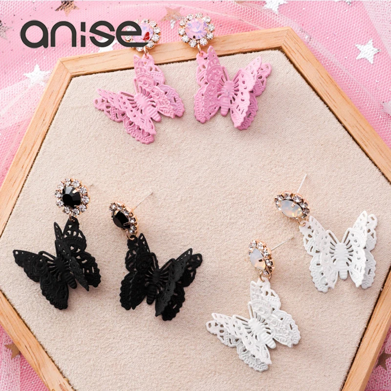 Anise Lady 3D Hollow Butterfly Crystal Stud Earrings Cute Rhinestone Lnsect Long Woman Oorbellen Wedding Party Jewelry | Украшения и