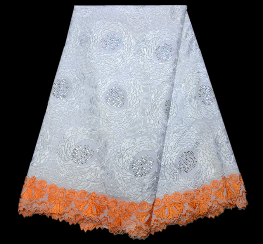 

Beautifical White and orange swiss voile lace fabric with embroidery Fashion design african cotton voile lace with stones 5yards