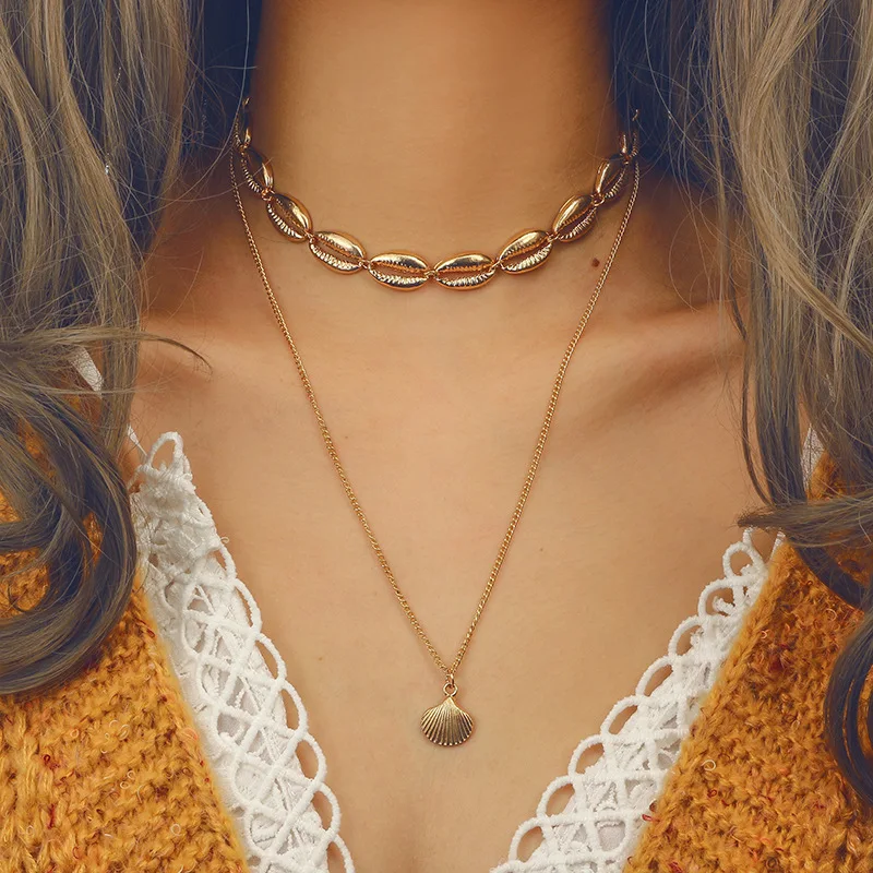 Vintage Natural Shell for Women Gold Silver Color Jewelry Rope Chain Bead Statement