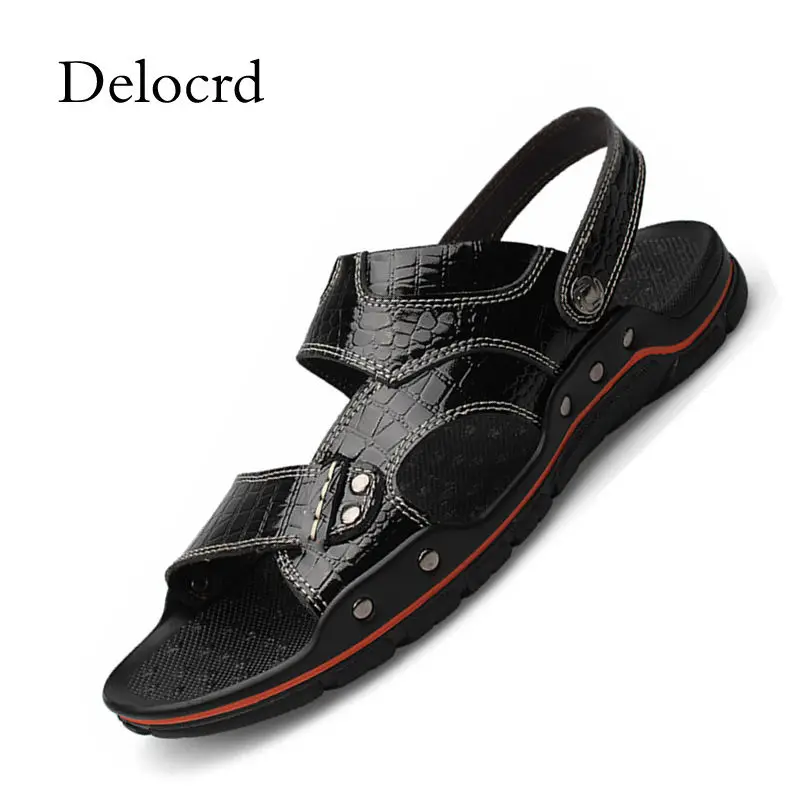Men Sandals Genuine Leather Crocodile Design Leather Men Beach Sandals