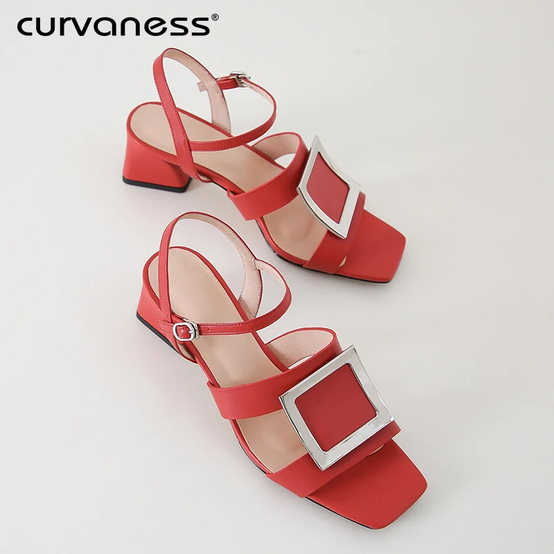 

Curvaness Peep Toe Sandals Buckle Strap Red Cover Heel Women Sandals High Heels Ankle Strap Women Summer Shoes Sexy
