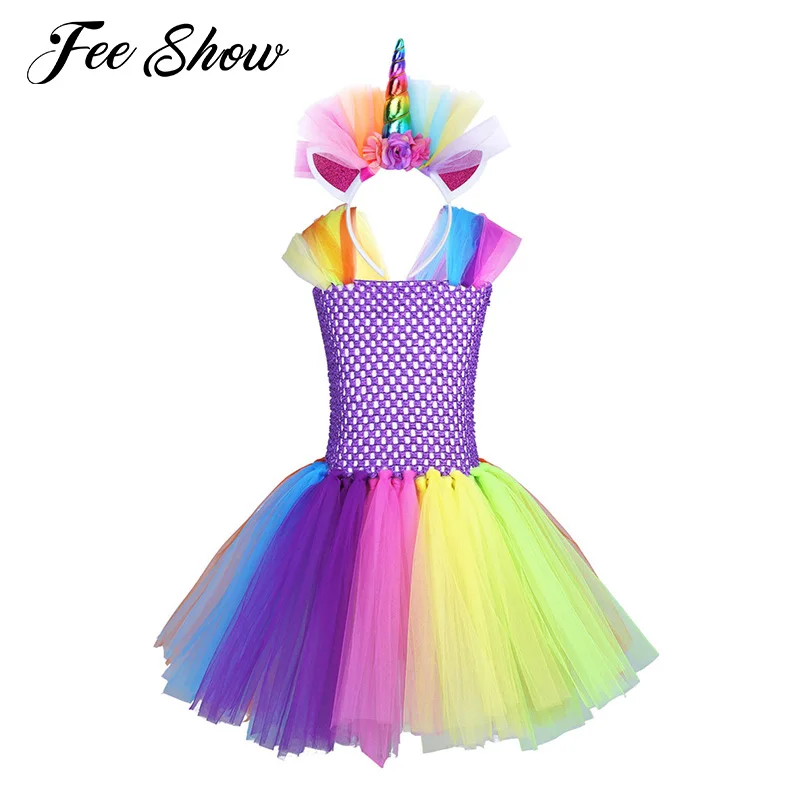 Kids Girls Adjustable Cap Sleeves Rainbow Tutu Dress with Hair Hoop Outfit Cute Set for Halloween Cosplay Party Costume SZ 2-10 | Детская