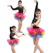 Радужные стразы, неравное платье для латинских танцев для девочек, детское платье для латинских танцев, детская одежда, одежда для латинских танцев