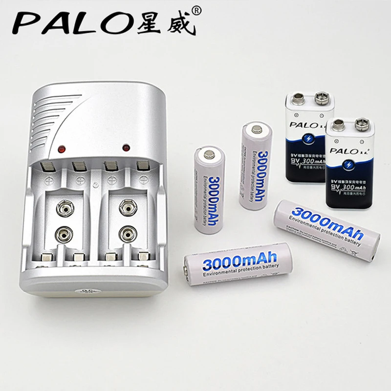 En Ligne 4 Slots led ChargerFor AA AAA 9 V Batteries + 2 pièces 9 v 300 mah Batteries + 4 pièces 3000 mah AA Batteries