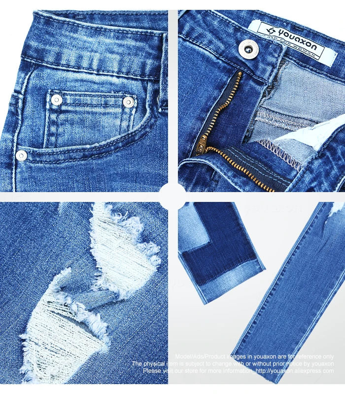 2172 Youaxon новые эластичные поддельные заплатки Джинсы женские Синие рваные джинсовые брюки для женщин узкие обтягивающие джинсы