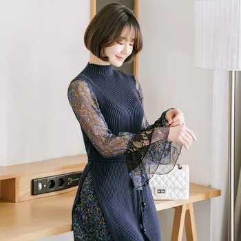 

2020 Patchwork Sweater Dress Over Knee Flare Sleeve Shredded Flower Chiffon Dress