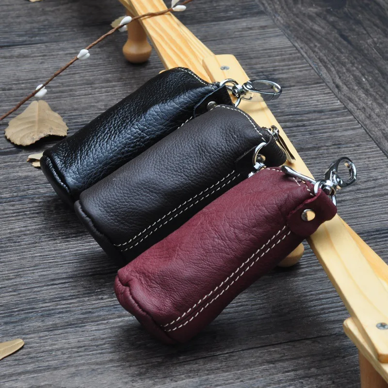 Men Key Bag Genuine Cow Leather Buckets Key Cases Pouch Zipper Keychain Auto Car Case Bag Women Home Holder key organizer,key case,key purse,key holder