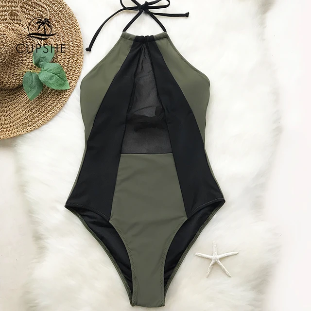{Excellent|Wonderfull|Very Good|Very Recommended} CUPSHE Army Green And Black Mesh Halter One-piece Swimsuit Women Patchwork Backless Monokini 2019 Girl Bathing Suit Swimwear Cheap Price