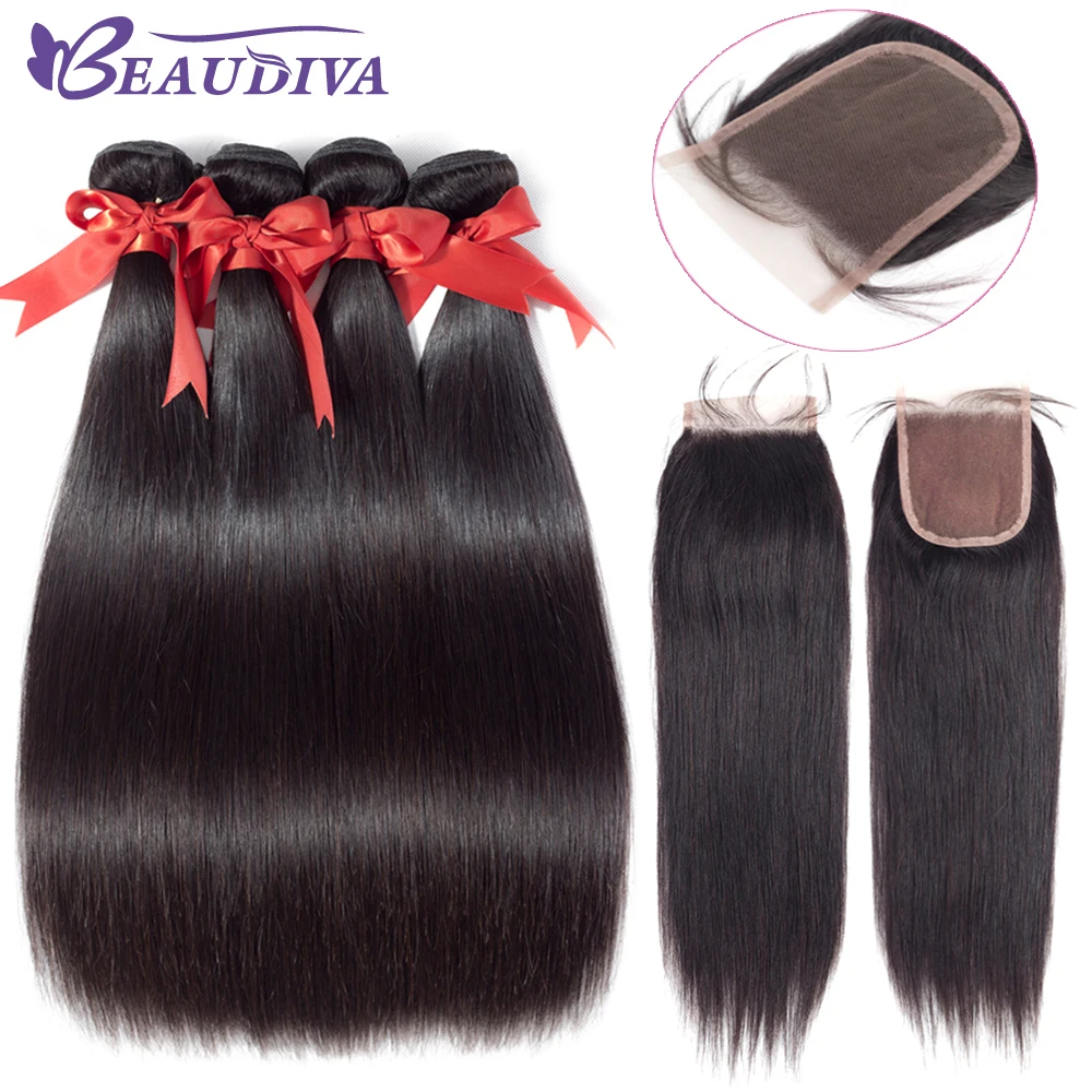 BEAUDIVA Brazilian Hair Weave Bundles Straight Hair Bundles with Closure Human Hair Weave Bundles With Closure Hair Extension