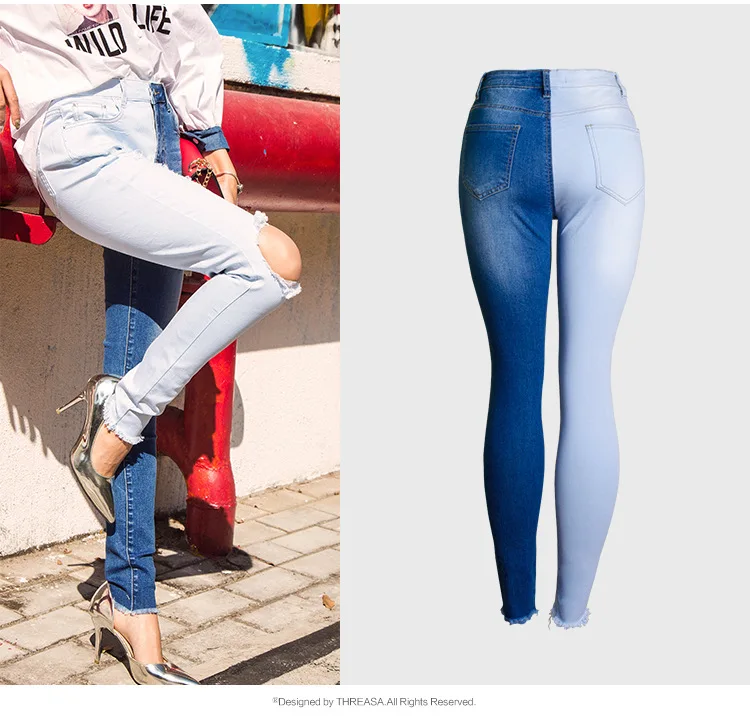 LOGAMI обтягивающие рваные джинсы для женщин,, контрастные цвета, узкие джинсы для женщин, джинсовые штаны размера плюс 4XL