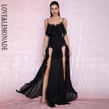 LOVE&LEMONADE Sexy Black Suspenders Lace Ruffle Stitching Split Chiffon Beach Long Dress LM81869