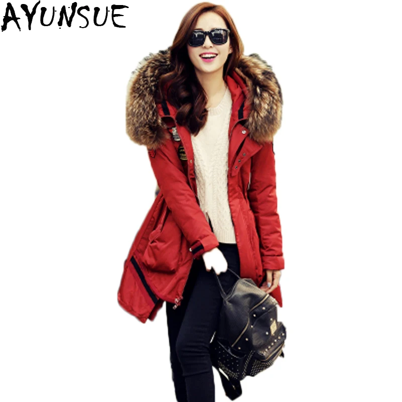 AYUNSUE, зимняя куртка, Женская парка, белый утиный пух, толстый капюшон, натуральный чистый мех енота, воротник, верхняя одежда, пальто для женщин, 2XL LX10