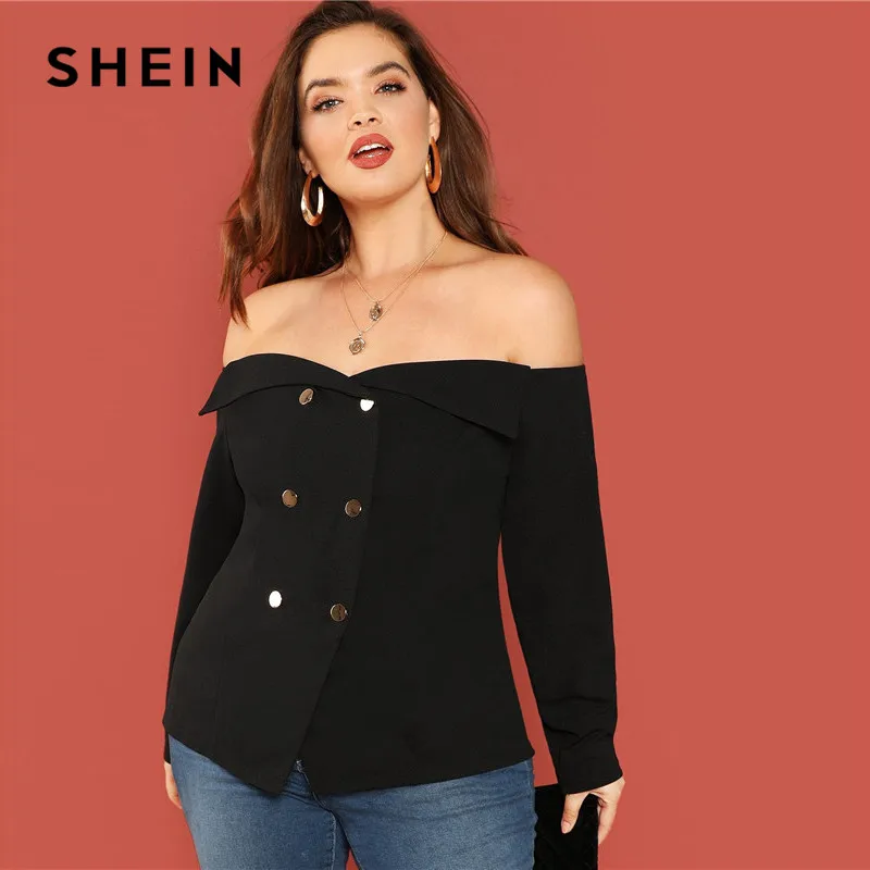 SHEIN черная Сексуальная Блузка с открытыми плечами, длинным рукавом и пуговицами размера плюс, женская блузка, модная облегающая блузка с вырезом лодочкой