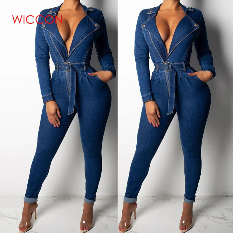 

2019 Denim Jumpsuit Women Long Sleeve Front Zipper Jeans Rompers Women Jumpsuit Sashes Plus size Belted Streewear Overalls