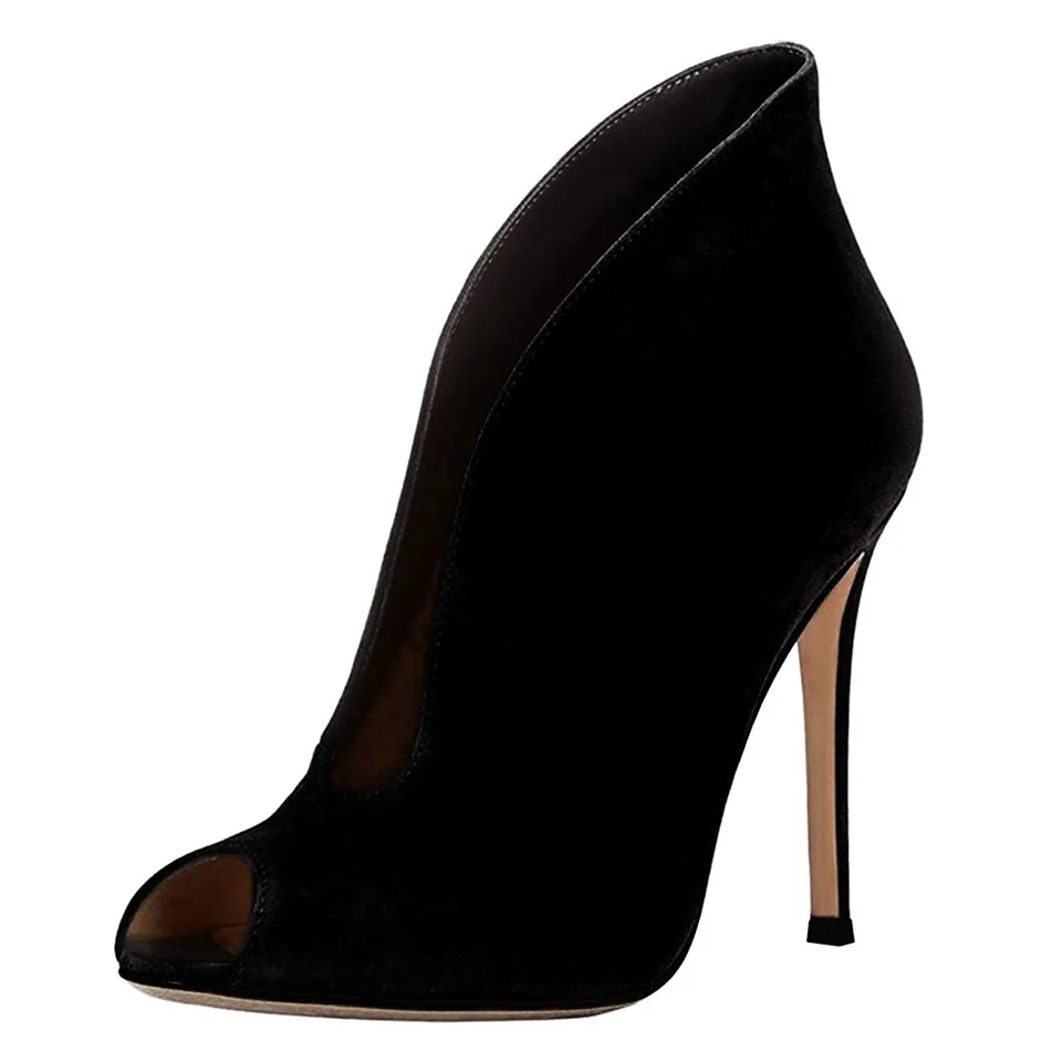 Женские однотонные замшевые туфли с v-образным вырезом; пикантные туфли с открытым носком на высоком каблуке; замшевые на шпильке; ; женская обувь - Color: Black