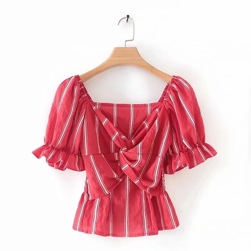 

Fashion Women Cross Knotting Striped Shirt Leisure Lady Puff Sleeve Blouse 2019 Autumn Female Elastic Tops S6026