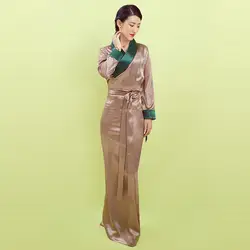 Весна лето кристалл конопляное женское тибетское платье халат торговый костюм коричневый фиолетовый зеленый воротник тибетское платье