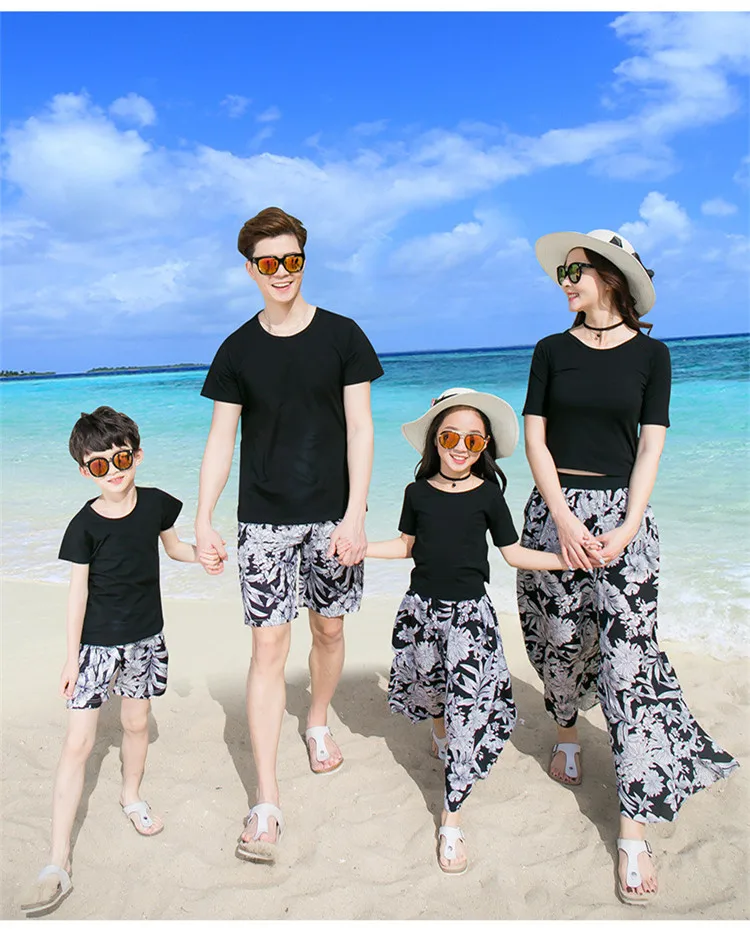 Family matching outfits T shirt father and son short pants mother and daughter loose pants set 11