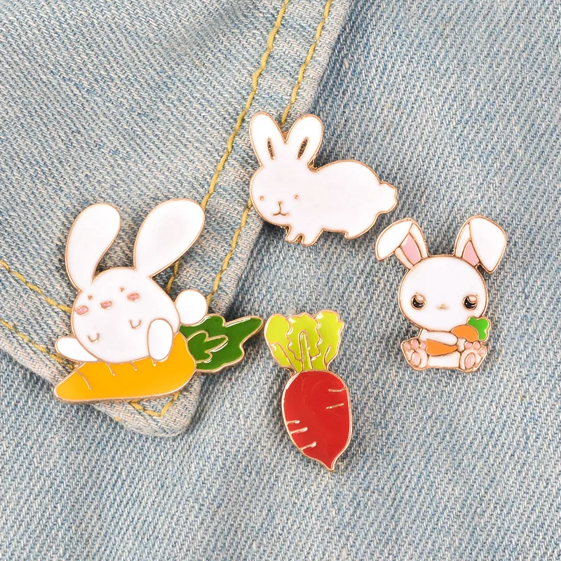 

White Rabbits Cute Brooches Evil Animal Bunny Carrot Enamel Metal Pins For Women Coat Shirt Bag Jackets Collar Lapel Badge