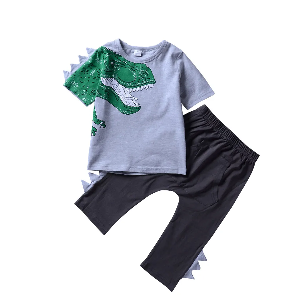 

2-6y Kids Kleding Toddler Suits Grey Dinosaur Tee Tops+Black Pants 2stk Lucky Children Clothing Sets