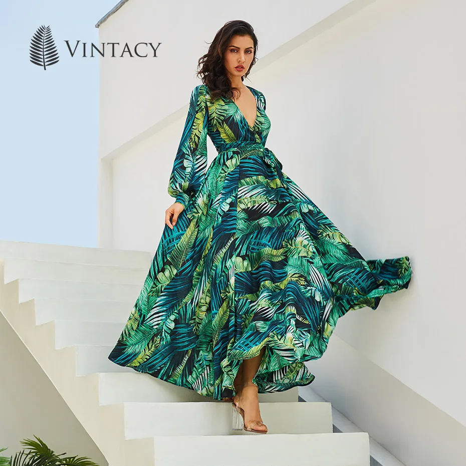 Vintacy Long Sleeve Dress Green Tropical Print Vintage Maxi Dresses 