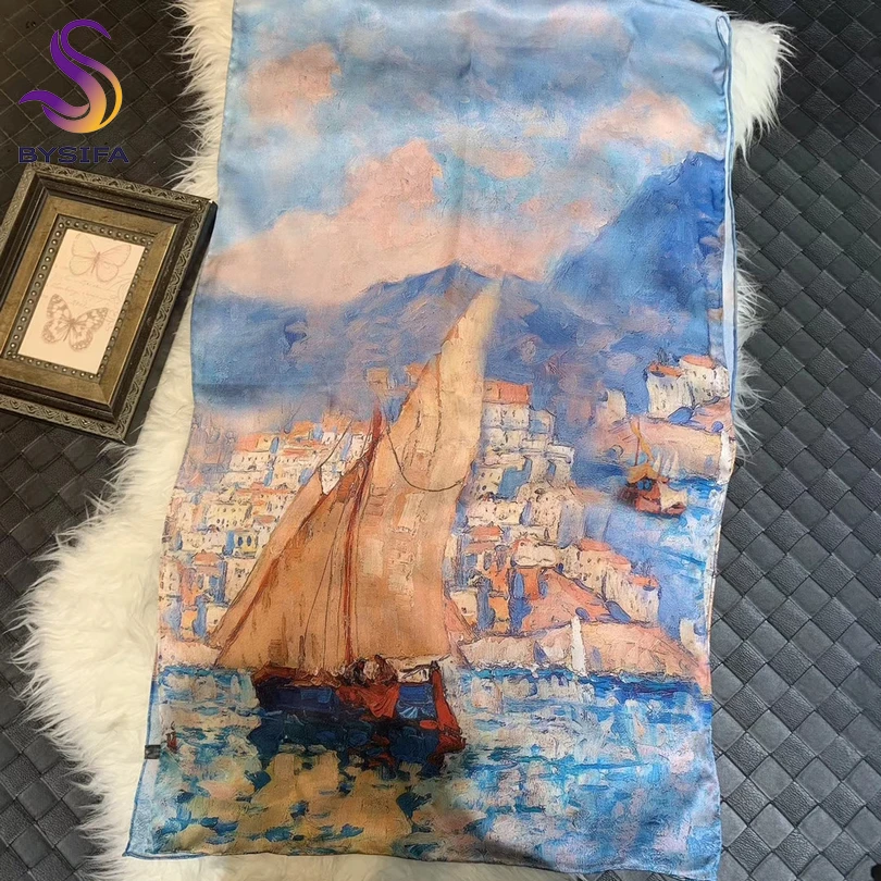 

[BYSIFA] New Oil Painting Style Ladies Long Scarves Spring Fall Brand Seaside Town Design Khaki Blue 100% Pure Silk Scarf Shawl