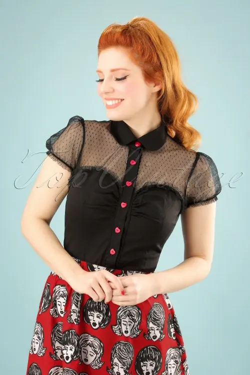 

30- women vintage 50s mesh see through shirt in black with red heart buttons ruffles detail plus size top pinup rockabella style