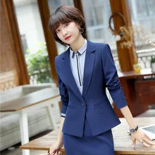 Новинка, синяя форма, блейзеры, костюмы с 2 пиджаками и юбкой, новые стили, Женская деловая рабочая одежда, комплекты одежды
