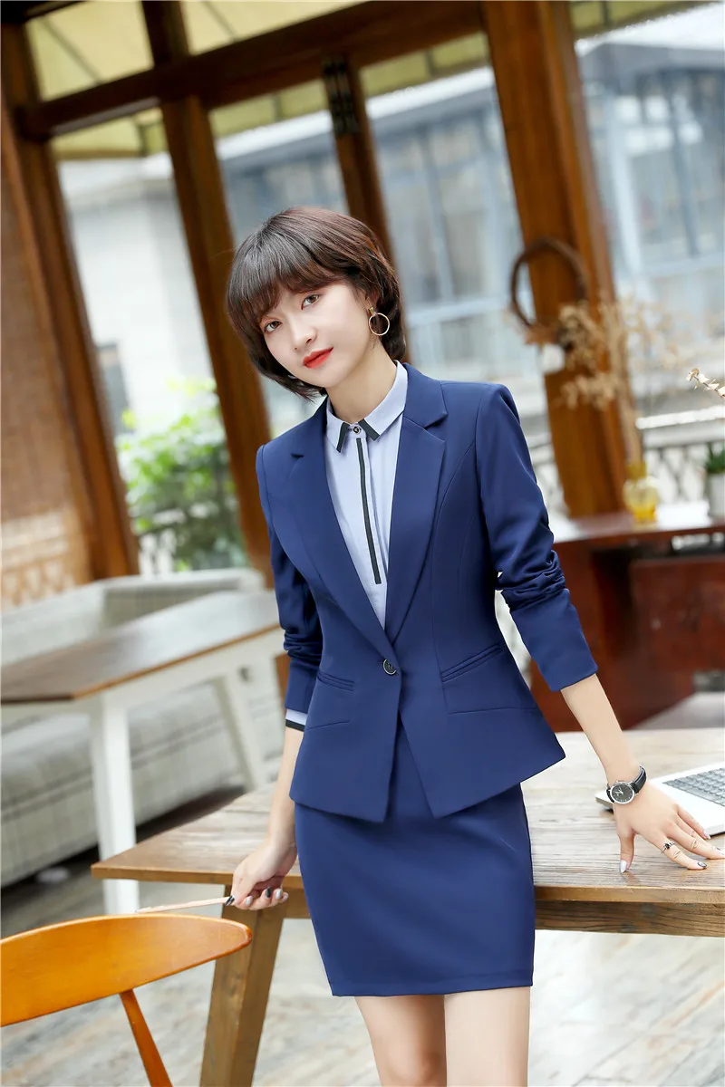 Novelty Blue Uniform Designs Blazers Suits With 2 Piece Jackets And Skirt 2018 New Styles Women