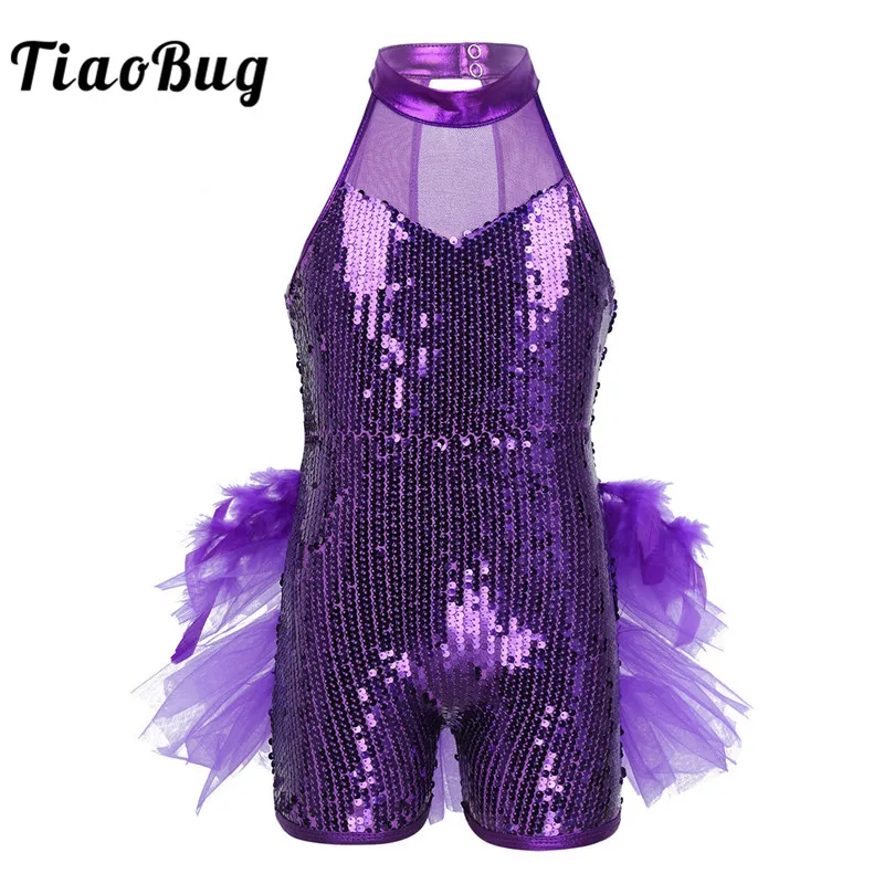 

TiaoBug Kids Girls Sequins Dance Ballet Gymnastics Leotard Children Feather Ruffle Figure Skating Stage Jazz Latin Dance Costume