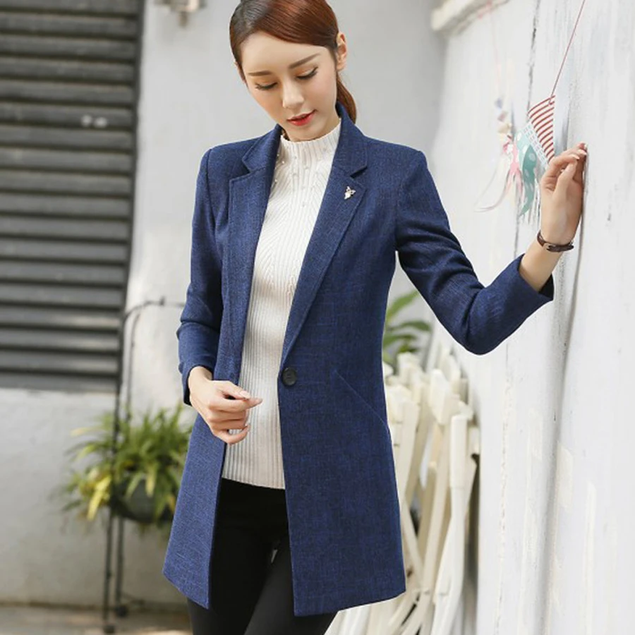 Elegant Blue Blazer Casual Mujer Long Sleeve Formal Plaid Tunic Blazers Office Jackets