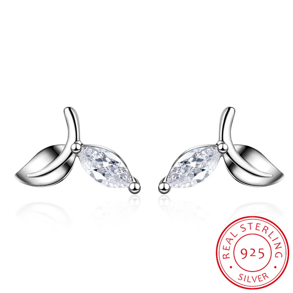 

Real 100% 925 Sterling Silver Tiny Leaves Clear Cz Stud Earrings For Women Girl Trendy Silver Earring Fine Jewelry Gift