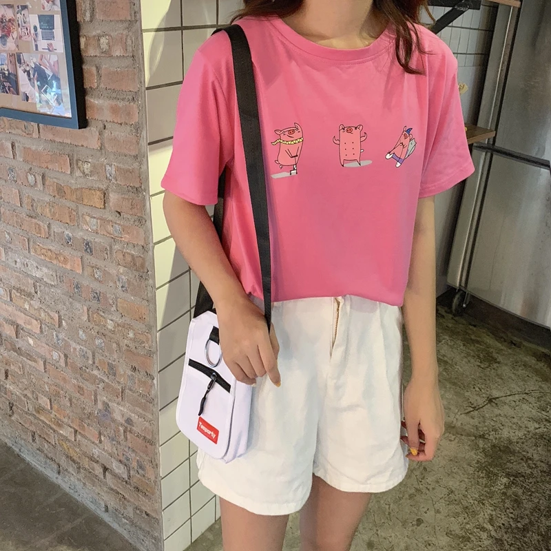 

Cute Casual Kawaii Pigs Printed T shirt Women Summer Top Ulzzang Harajuku Cotton Short Sleeve O-neck Streetwear Tee Shirt Tshirt