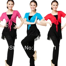 Квадратная Одежда для танцев, набор для латинских танцев, Женский Топ с коротким рукавом, юбка-брюки для латинских танцев