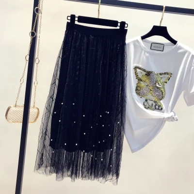 Летняя новая женская кружевная юбка из сетчатой ткани с отделкой бисером Женская длинная Плиссированная юбка с эластичной резинкой на талии - Цвет: black skirt