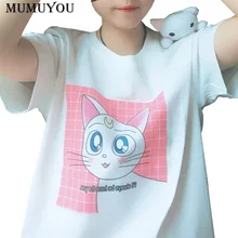 Милая Повседневная белая футболка для девочек топы с круглым вырезом и рисунком из мультфильма, футболка с короткими рукавами 10 видов Новая летняя футболка в стиле Лолиты, 200-A395