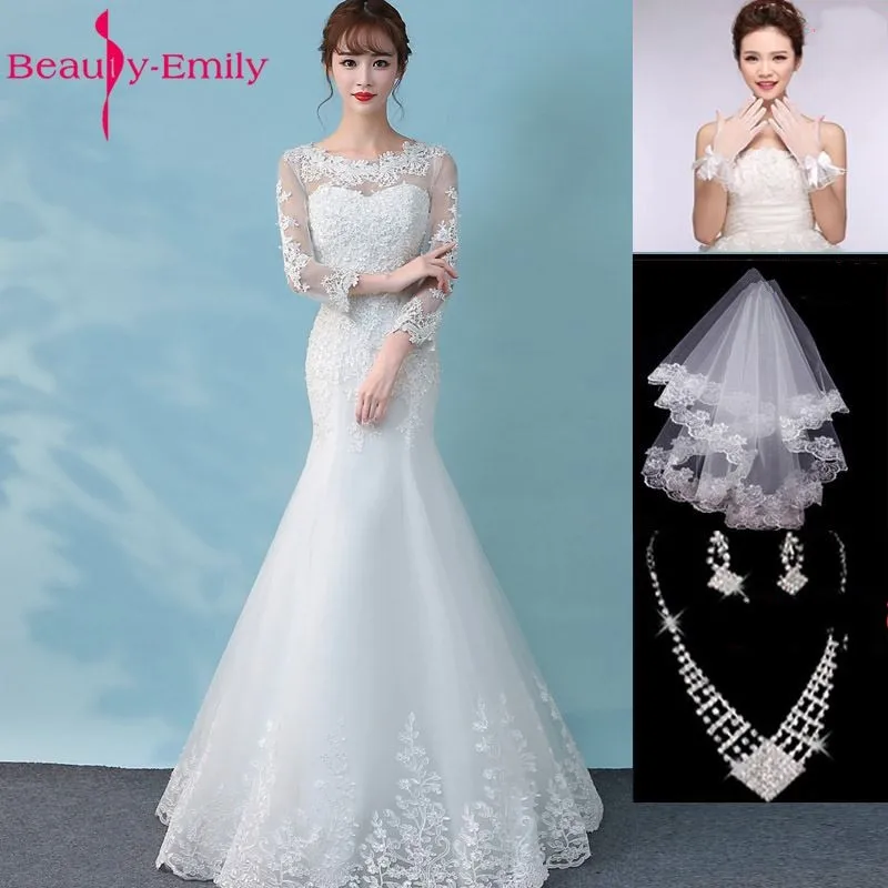 Beauty Emily White Lace Beads Wedding Dresses 2019 Mermaid Lace Up Appliques Bridal Dresses Wedding Gowns with veil Gloves